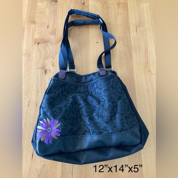 Haiku Purple Daisy Purse Shoulder Bag by Sharon Eisenhauer Black Canvas Leather - Picture 9 of 9